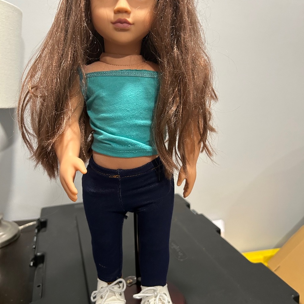 Our Generation Stylish Doll with Blue Top and Dark Pants and white sneakers